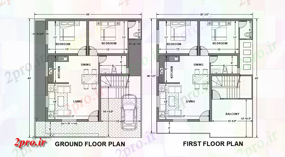 دانلود نقشه مسکونی ، ویلایی ، آپارتمان طرحی طبقه خانه 36'X40 'با مبلمان چیدمان 11 در 11 متر (کد165244)