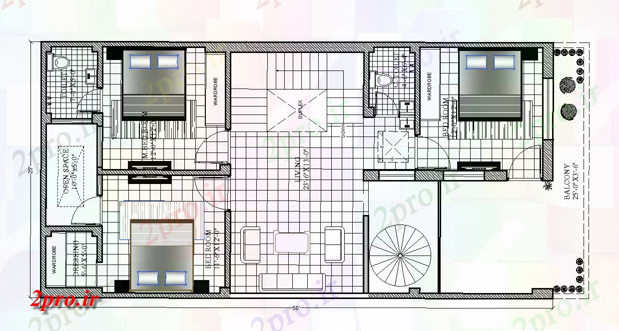 دانلود نقشه مسکونی ، ویلایی ، آپارتمان اتاق خواب 25'X50 'خانه طرحی طبقه 7 در 15 متر (کد165245)