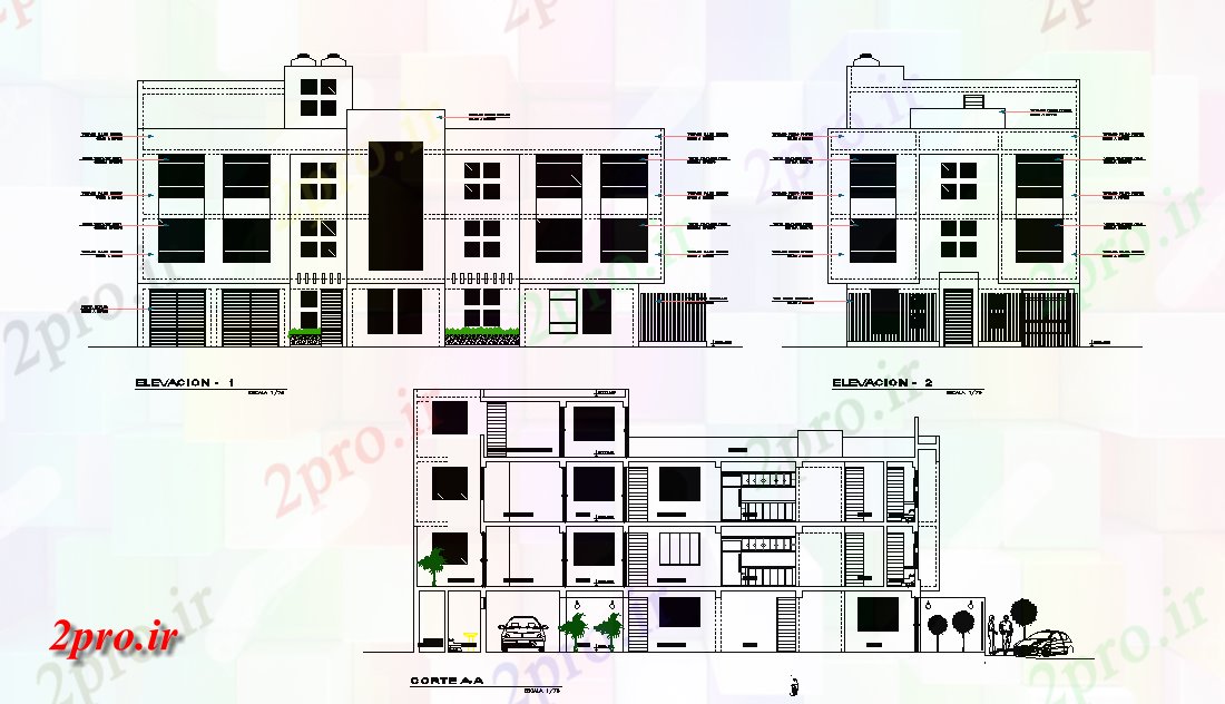 دانلود نقشه مسکونی ، ویلایی ، آپارتمان نما از طرحی خانه طبقه اتوکد 10 در 25 متر (کد165266)