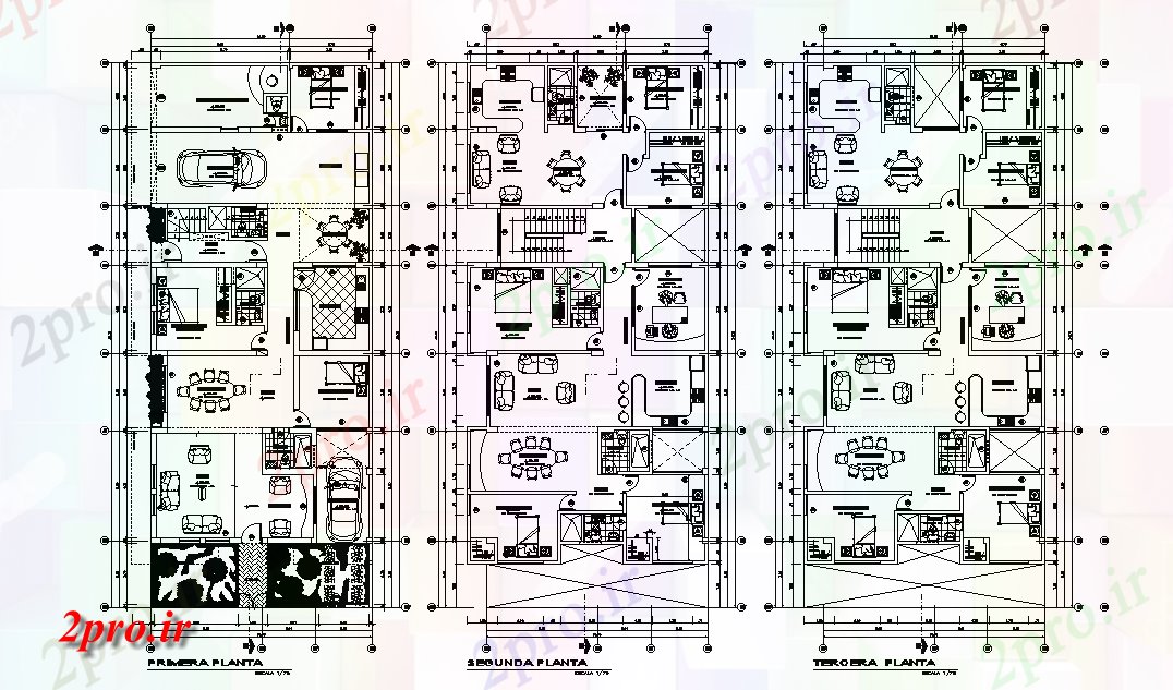 دانلود نقشه مسکونی ، ویلایی ، آپارتمان x25m طرحی خانه 3 طبقه اتوکد 10 در 25 متر (کد165269)