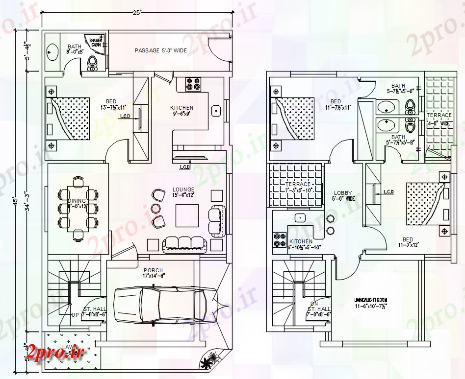 دانلود نقشه مسکونی ، ویلایی ، آپارتمان X45 'خانه طرحی با مبلمان چیدمان اتوکد 7 در 12 متر (کد165283)