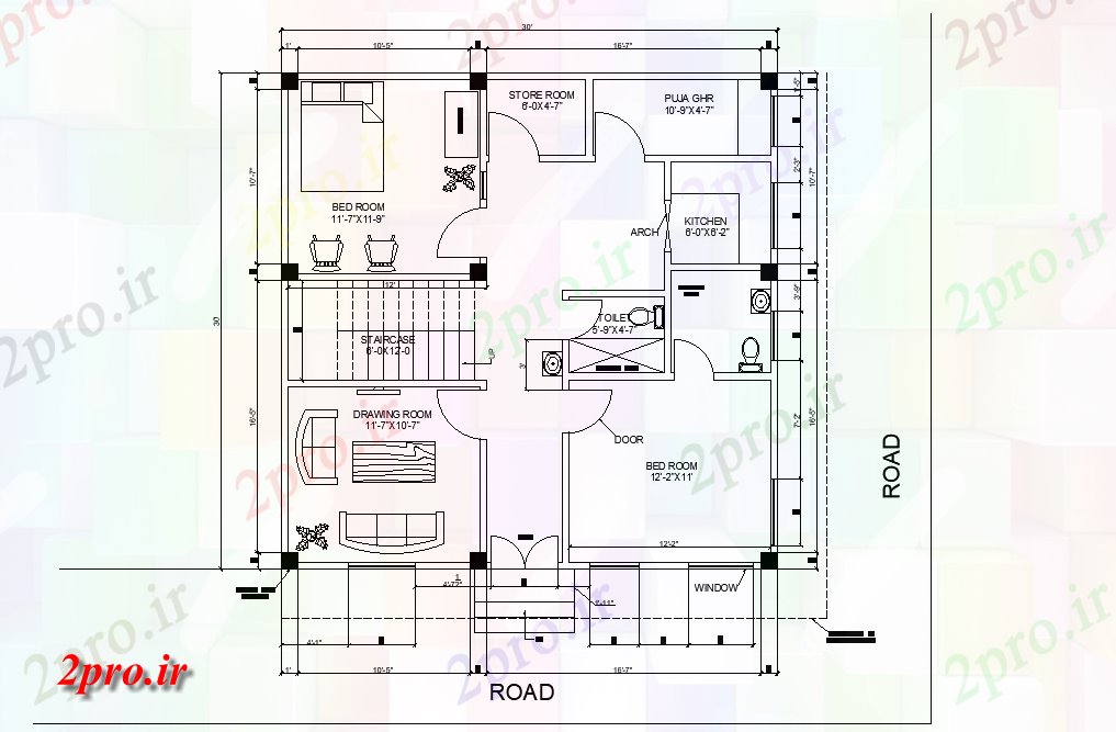 دانلود نقشه مسکونی ، ویلایی ، آپارتمان خانه طرحی طبقه 30'X30، 9 در 9 متر (کد165284)