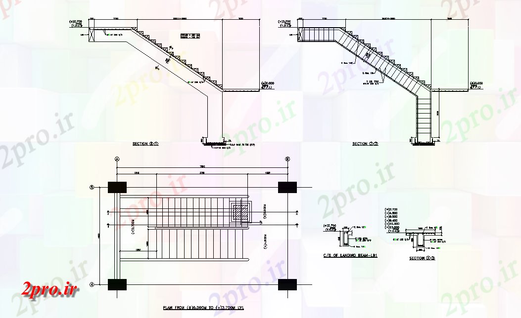 دانلود نقشه جزئیات پله و راه پله   بخشی) طرحی از راه پله و طرحی مقطعی از پرتو فرود    (کد165299)