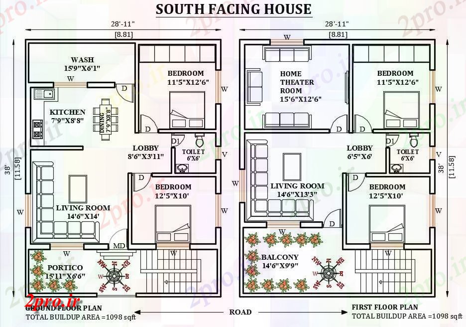 دانلود نقشه مسکونی ، ویلایی ، آپارتمان X38، جنوبی، رو طراحی خانه کوچک در دسترس 8 در 11 متر (کد165308)