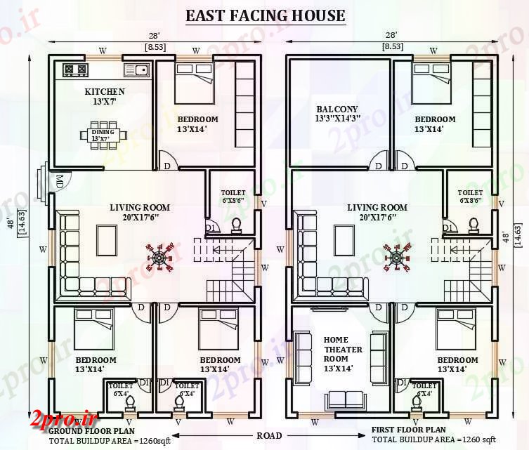 دانلود نقشه مسکونی ، ویلایی ، آپارتمان X48 شرق مواجهه طرحی خانه 3BHK در دسترس 8 در 14 متر (کد165309)