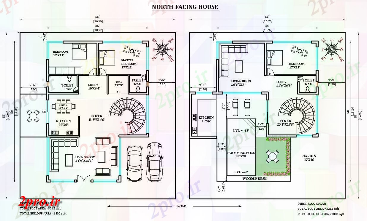 دانلود نقشه مسکونی ، ویلایی ، آپارتمان شمالی 55'X59، مواجهه با G + 1 طراحی خانه با شنا اتوکد طراحی 16 در 18 متر (کد165310)