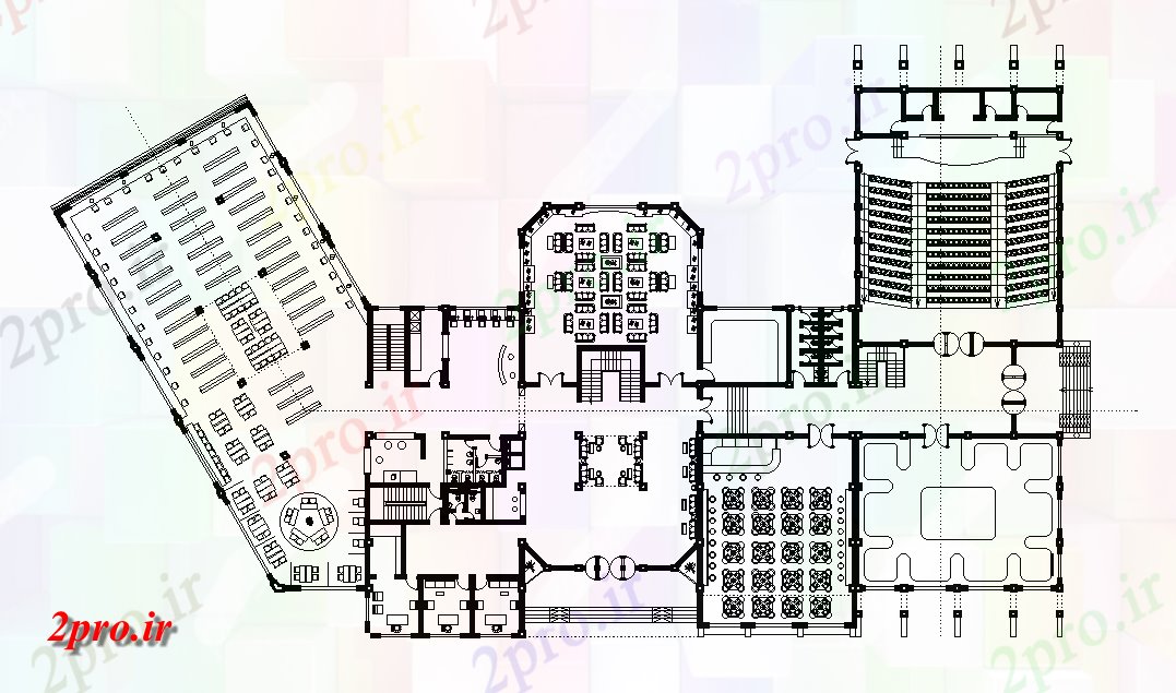 دانلود نقشه تئاتر چند منظوره - سینما - سالن کنفرانس - سالن همایشکتابخانه با سالن طرحی ساختمان 43 در 79 متر (کد165313)