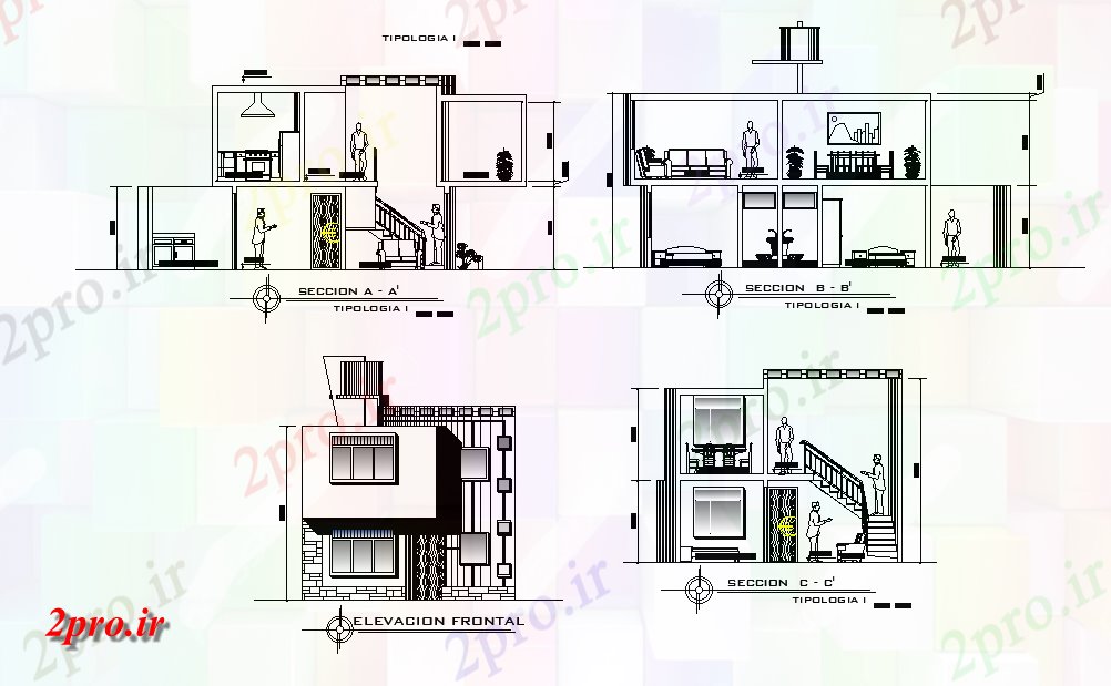 دانلود نقشه مسکونی ، ویلایی ، آپارتمان خانه مدرن ساختمان (بخشی) نما 11 در 13 متر (کد165326)