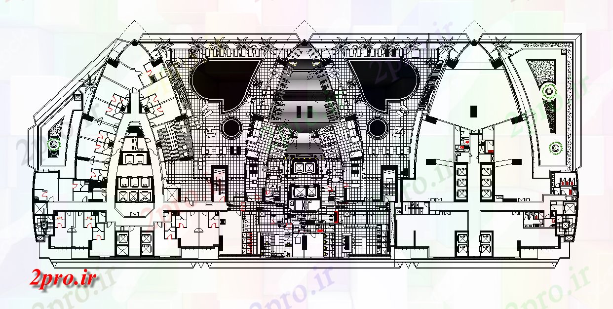 دانلود نقشه هتل - رستوران - اقامتگاه معماری هتل 5 ستاره زمین طرحی طبقه اتوکد 46 در 112 متر (کد165349)