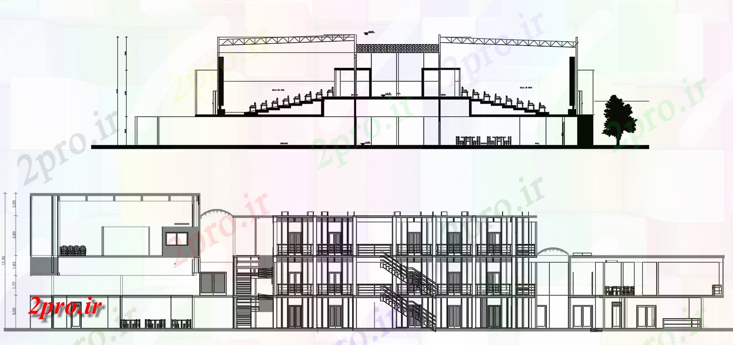 دانلود نقشه تئاتر چند منظوره - سینما - سالن کنفرانس - سالن همایشچندگانه ساختمان تئاتر بخش نشیمن  (کد165363)