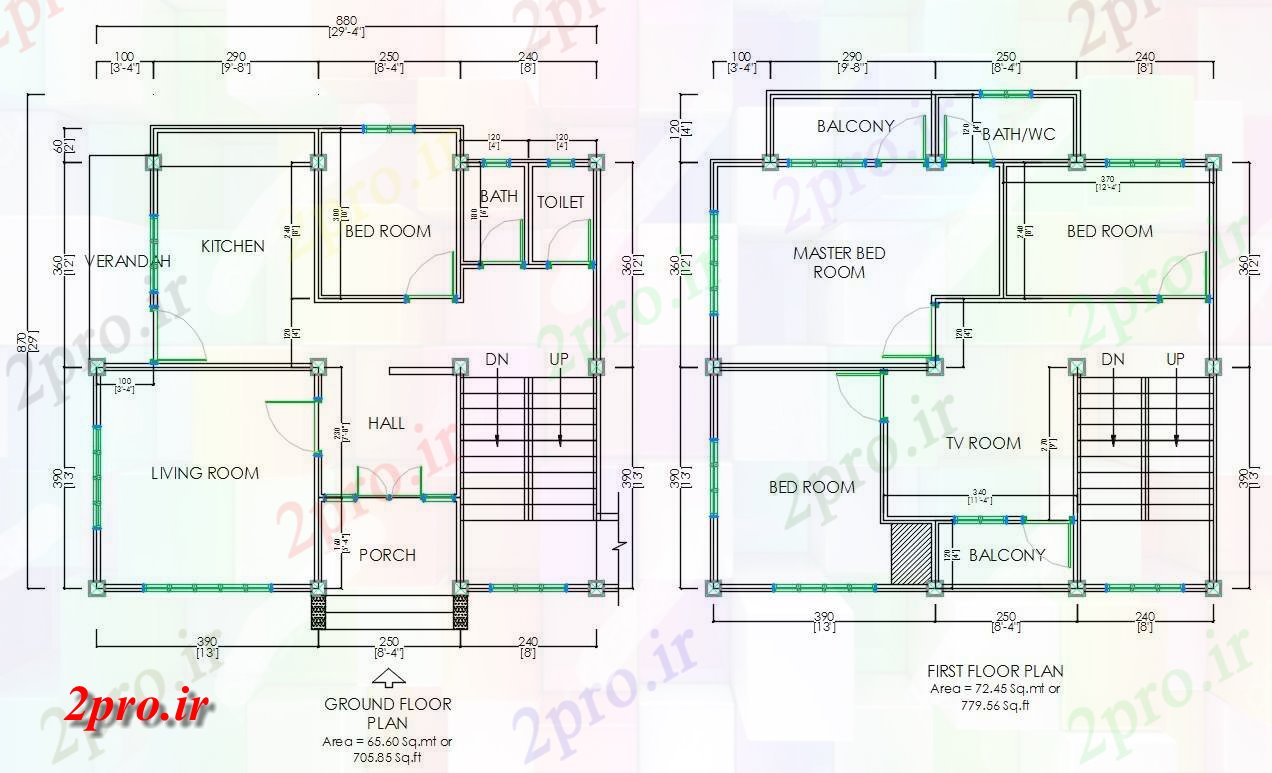 دانلود نقشه مسکونی ، ویلایی ، آپارتمان 'X30 'خانه طبقه همکف و طبقه اول طرح 8 در 9 متر (کد165379)