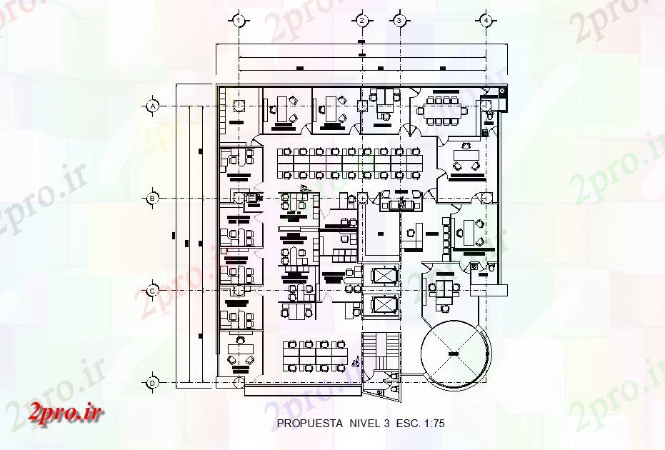 دانلود نقشه ساختمان اداری - تجاری - صنعتی دفتر شرکت طرحی طبقه با مبلمان چیدمان نشیمن 25 در 26 متر (کد165391)