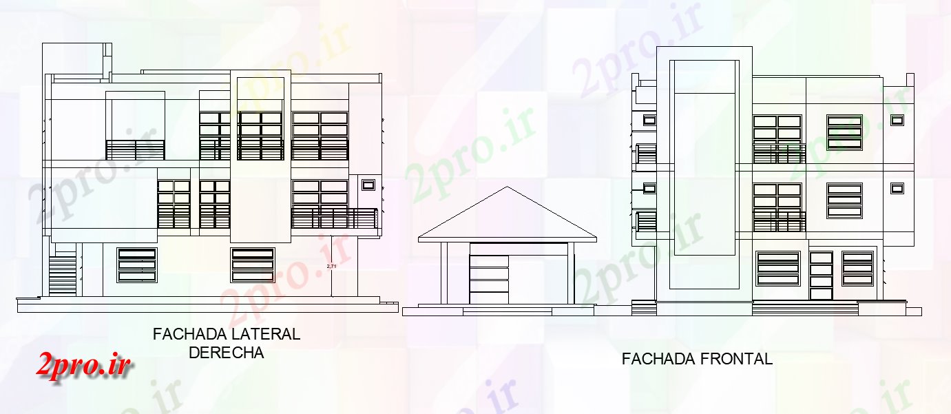 دانلود نقشه مسکونی ، ویلایی ، آپارتمان ساختمان خانه جلو و سمت نمای 13 در 15 متر (کد165392)