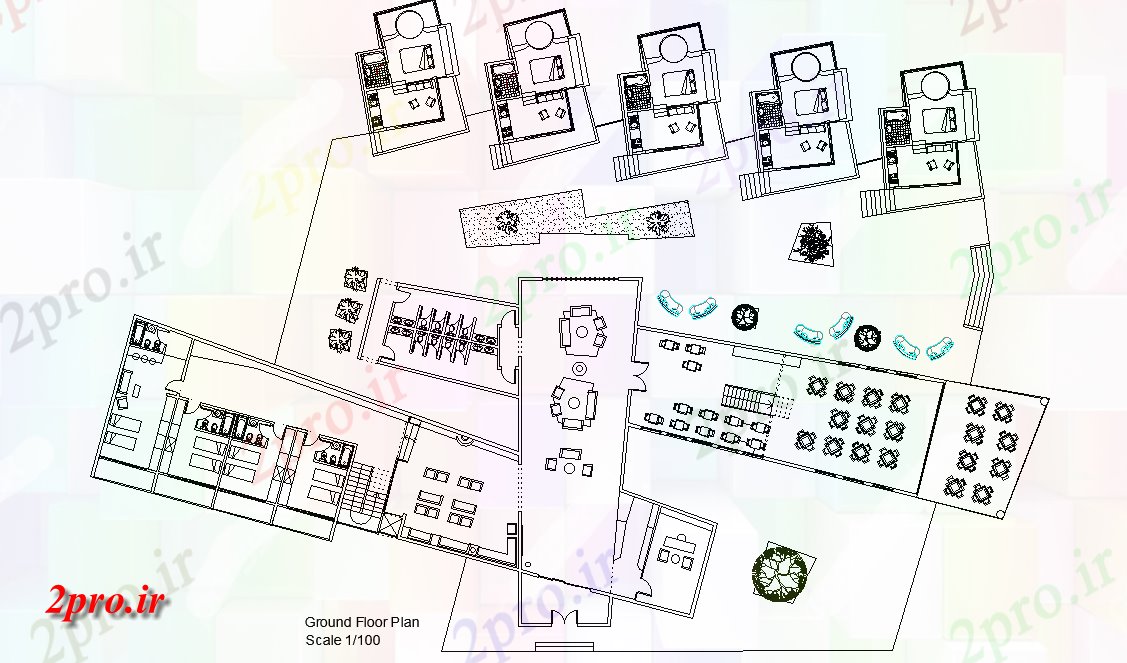 دانلود نقشه هتل - رستوران - اقامتگاه متل اتاق های خواب زمین طرحی طبقه 23 در 57 متر (کد165398)