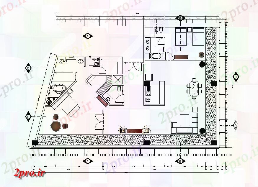 دانلود نقشه مسکونی ، ویلایی ، آپارتمان اتاق خانه طرحی با مبلمان چیدمان 14 در 22 متر (کد165413)