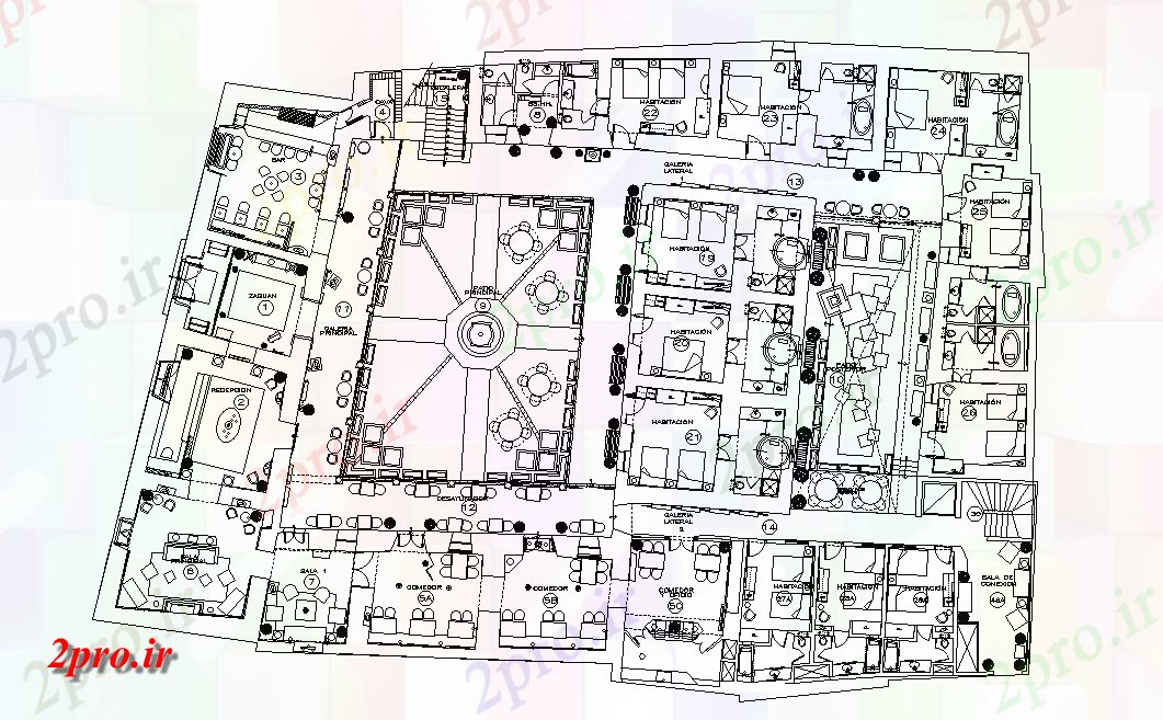 دانلود نقشه هتل - رستوران - اقامتگاه هتل اتاق های خواب طرحی طبقه با مبلمان 30 در 47 متر (کد165414)