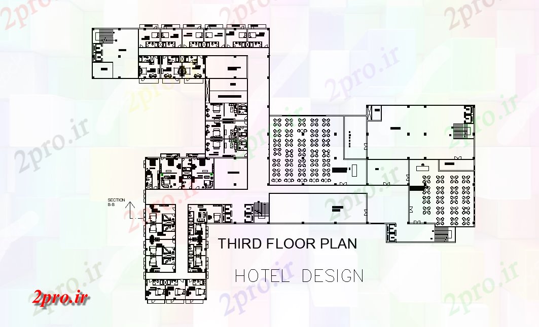 دانلود نقشه هتل - رستوران - اقامتگاه هتل رستوران و اتاق خواب طرحی طبقه اتوکد 19 در 27 متر (کد165466)