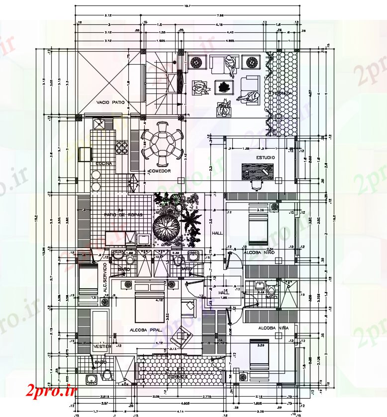 دانلود نقشه مسکونی ، ویلایی ، آپارتمان X16 متر 3 BHK خانه طرحی با مبلمان نشیمن 11 در 16 متر (کد165476)