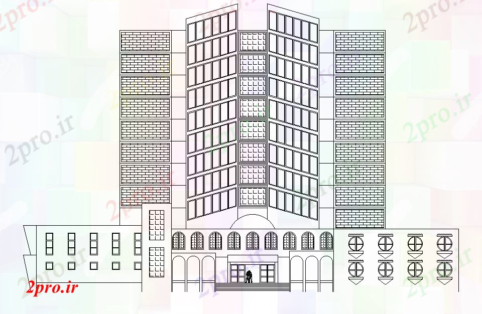 دانلود نقشه هتل - رستوران - اقامتگاه  معماری هتل ساختمان جبهه نمای (کد165478)