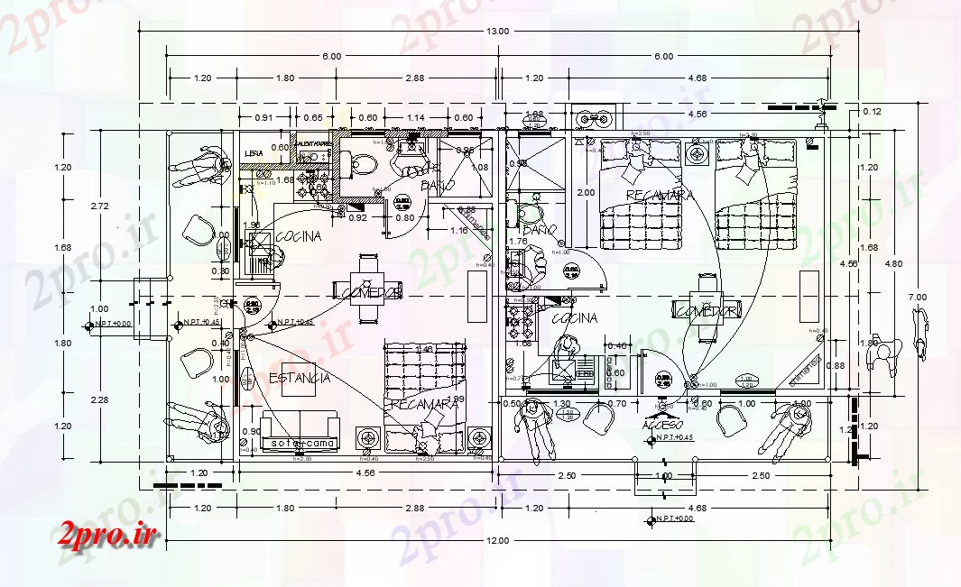 دانلود نقشه مسکونی ، ویلایی ، آپارتمان ودیو خانه طرحی با طراحی مبلمان 7 در 13 متر (کد165485)