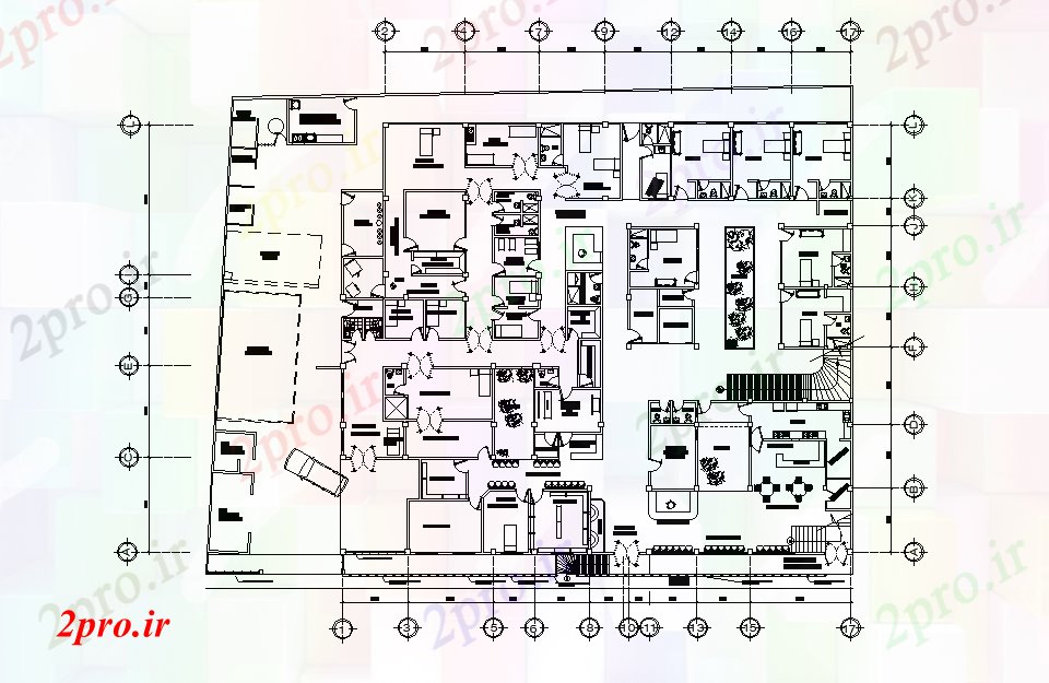 دانلود نقشه بیمارستان - درمانگاه - کلینیک طرحی ساختمان بیمارستان 38x32m اتوکد 33 در 38 متر (کد165512)