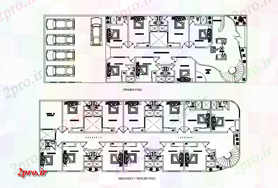 دانلود نقشه مسکونی ، ویلایی ، آپارتمان هتل اتاق های خواب طبقه همکف و طبقه اول طرحی 10 در 30 متر (کد165519)