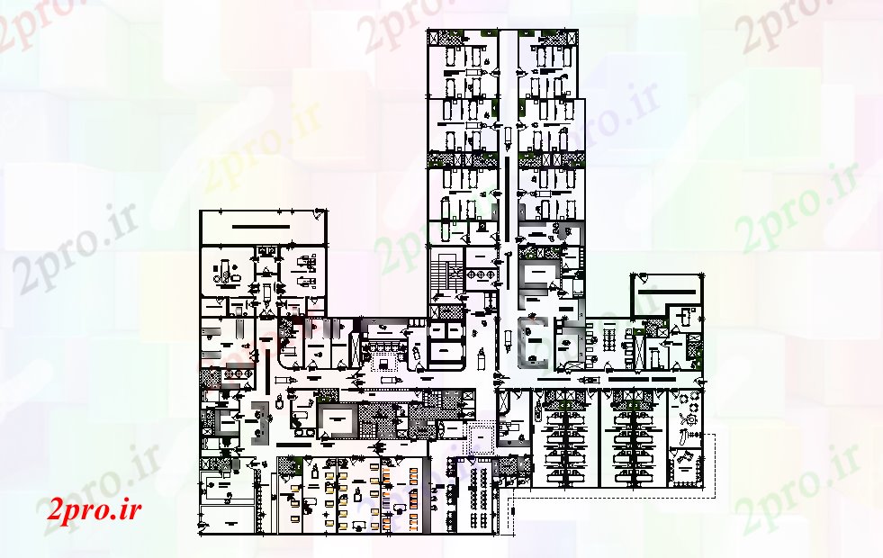 دانلود نقشه بیمارستان - درمانگاه - کلینیک اتوکد دو بعدی طراحی جزئیات طرحی بیمارستان 53 در 53 متر (کد165558)