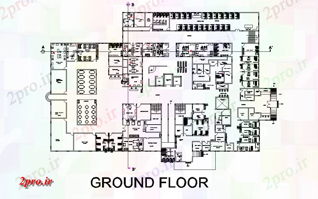 دانلود نقشه ساختمان اداری - تجاری - صنعتی طرحی طبقه همکف ساختمان اداری اتوکد اتوکد 54 در 82 متر (کد165584)