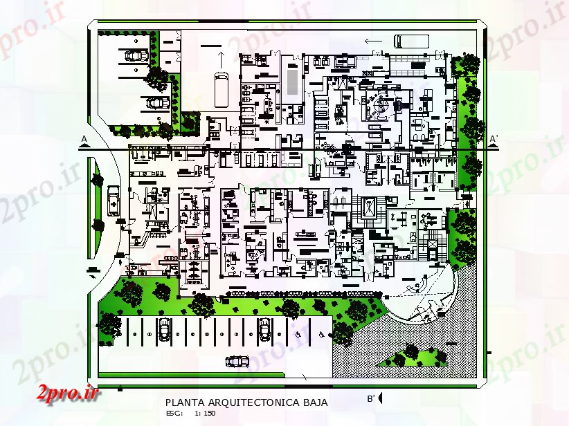 دانلود نقشه بیمارستان - درمانگاه - کلینیک طرحی بیمارستان کف معماری کم اتوکد 28 در 40 متر (کد165643)