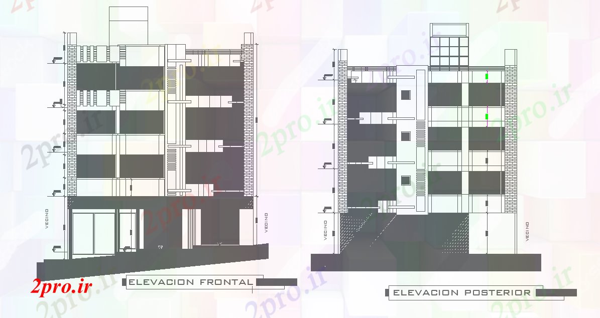 دانلود نقشه مسکونی  ، ویلایی ، آپارتمان  نما از ساختمان های مسکونی  دو بعدی  اتوکد   رسم    (کد165649)