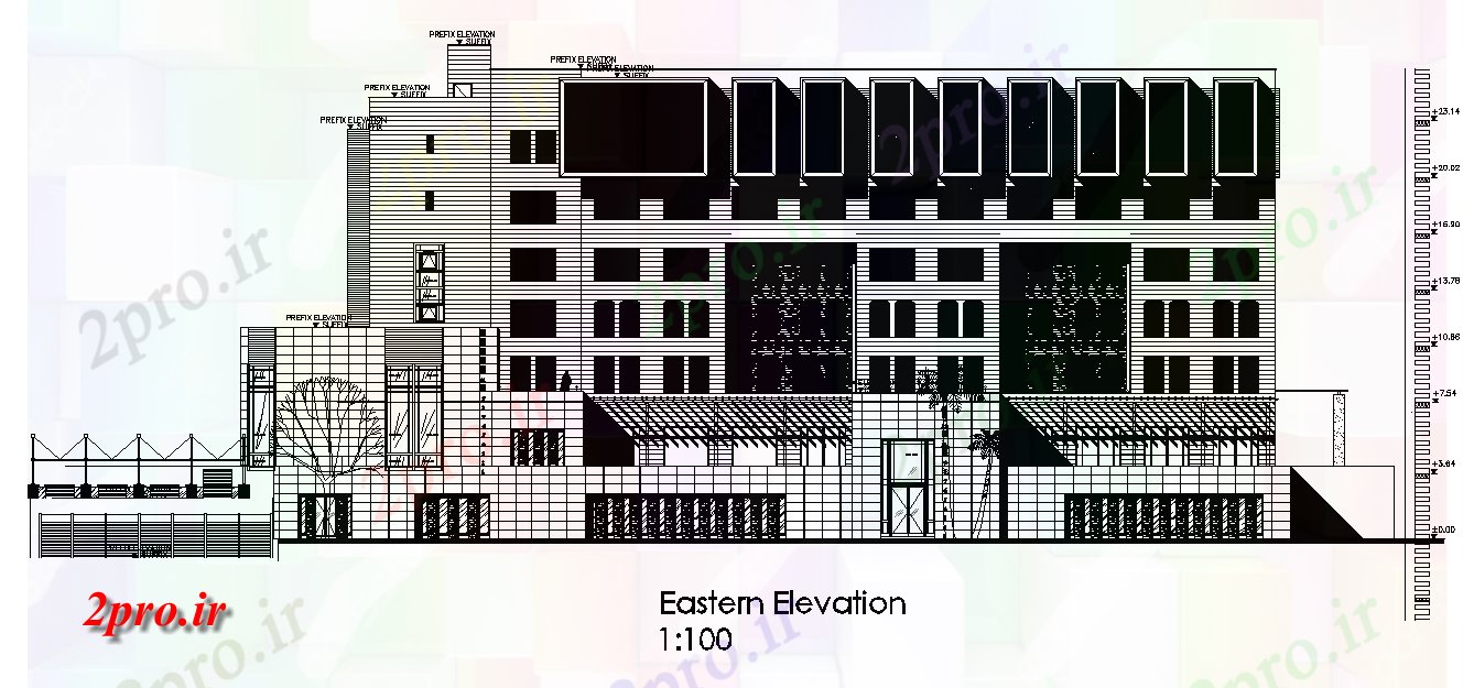 دانلود نقشه هتل - رستوران - اقامتگاه هتل شرق مستقیم نمای 36 در 57 متر (کد165666)