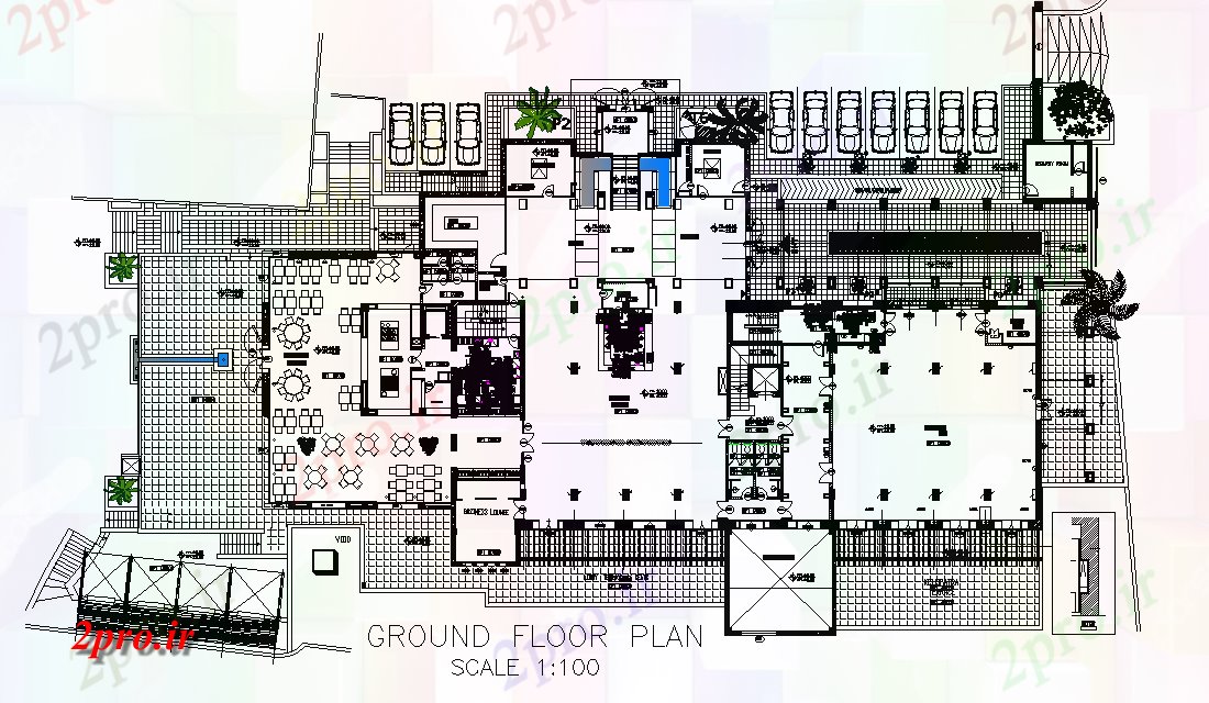 دانلود نقشه هتل - رستوران - اقامتگاه هتل طبقه همکف چیدمان 36 در 57 متر (کد165669)