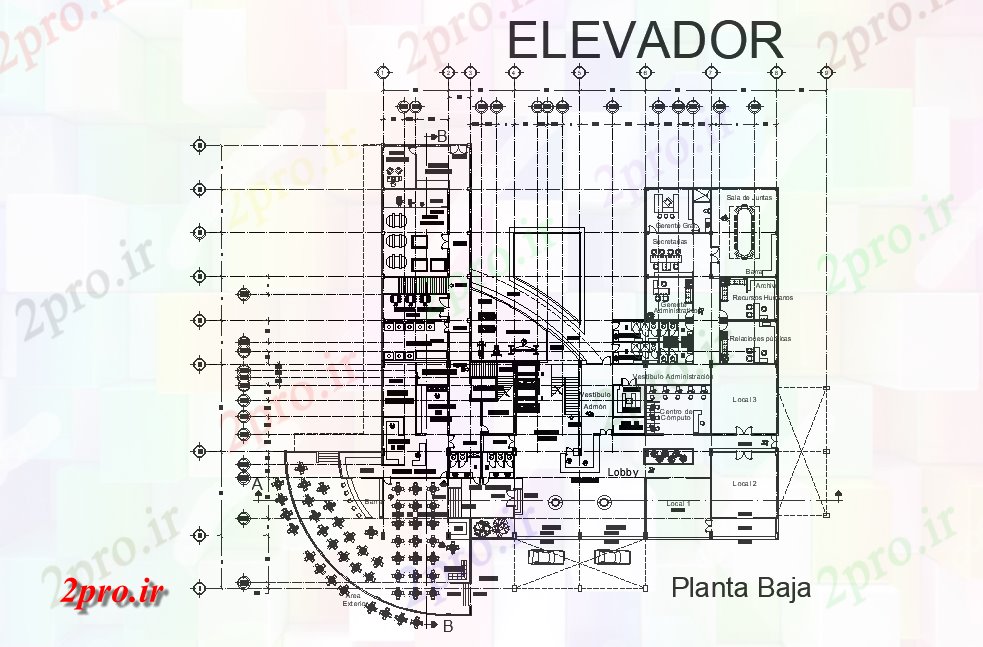 دانلود نقشه هتل - رستوران - اقامتگاه هتل طبقه همکف طرحی با مبلمان چیدمان 53 در 56 متر (کد165675)