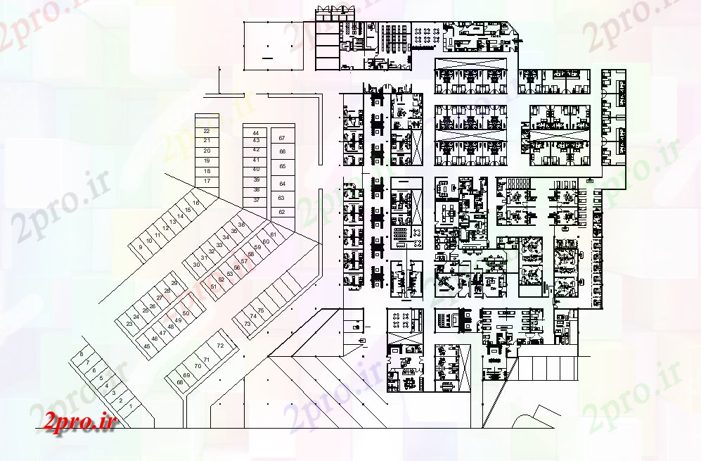 دانلود نقشه بیمارستان - درمانگاه - کلینیک بیمارستان معماری طرحی طبقه اتوکد 78 در 90 متر (کد165684)