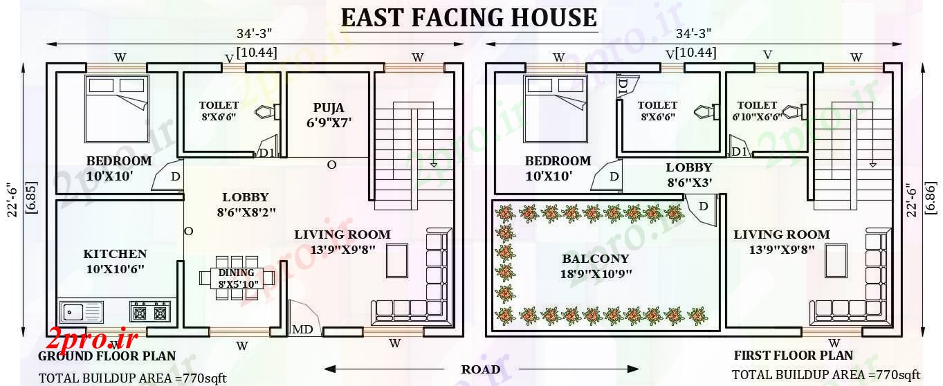 دانلود نقشه مسکونی ، ویلایی ، آپارتمان x23 شرق طرحی مواجه خانه به عنوان در هر شرا Vastu را 7 در 10 متر (کد165725)