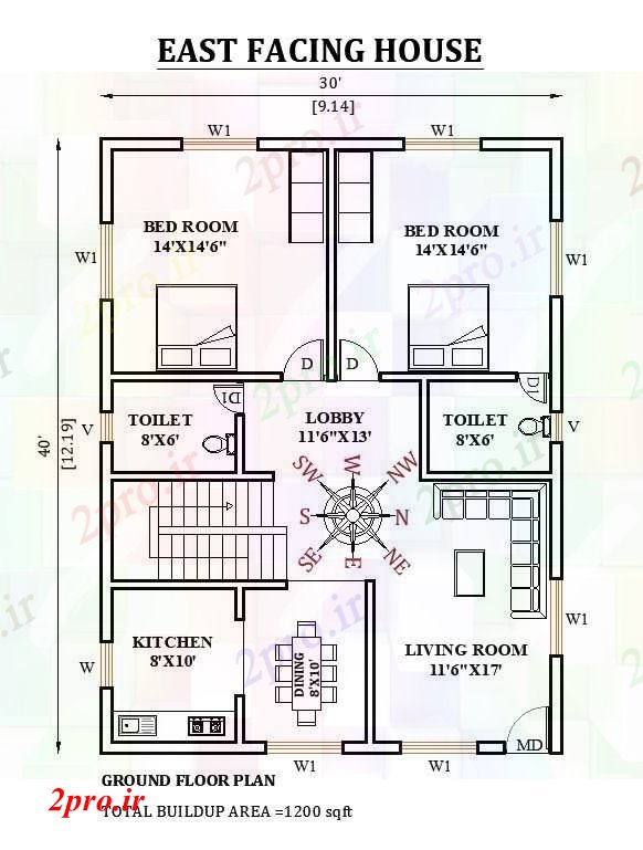 دانلود نقشه مسکونی ، ویلایی ، آپارتمان x40 شرق طرحی مواجه خانه به عنوان در هر شرا Vastu را 9 در 12 متر (کد165728)