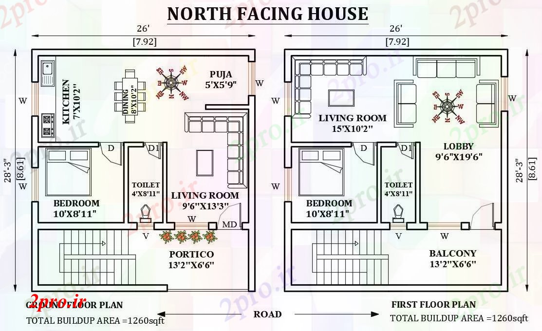 دانلود نقشه مسکونی ، ویلایی ، آپارتمان طرحی خانه رو به شمال 26'x28، به عنوان در هر شرا Vastu را های دو بعدی اتوکد 8 در 8 متر (کد165732)