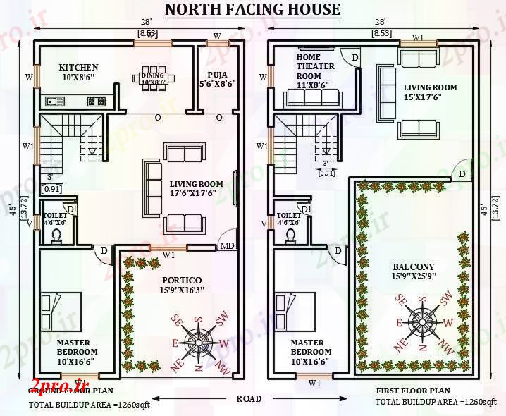 دانلود نقشه مسکونی ، ویلایی ، آپارتمان طرحی خانه رو به شمال 28'x45، به عنوان در هر شرا Vastu را های دو بعدی اتوکد 8 در 13 متر (کد165733)