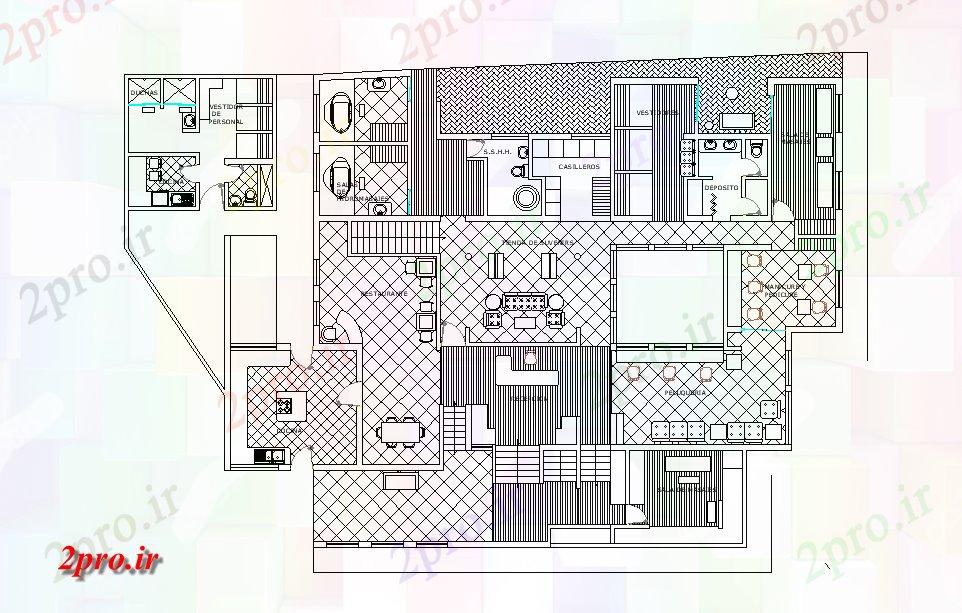 دانلود نقشه هتل - رستوران - اقامتگاه آبگرم مرکز طراحی داخلی 18 در 28 متر (کد165739)