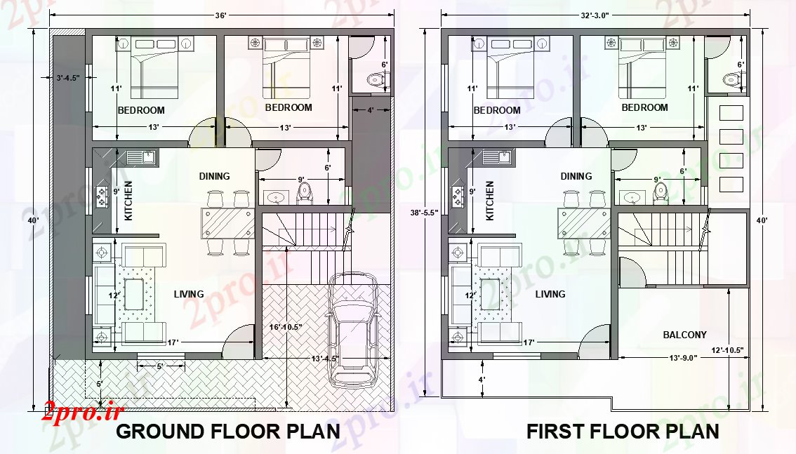 دانلود نقشه مسکونی ، ویلایی ، آپارتمان طرحی خانه 36'x40، به عنوان در هر شرا Vastu را 11 در 12 متر (کد165742)