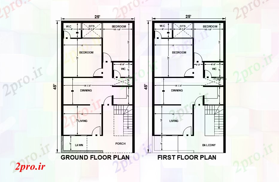 دانلود نقشه مسکونی ، ویلایی ، آپارتمان منطقه و بعد از آن رو به طرحی خانه 25'x45 شرق به عنوان در هر شرا Vastu را اتوکد رسم های دو بعدی اتوکد 7 در 13 متر (کد165751)