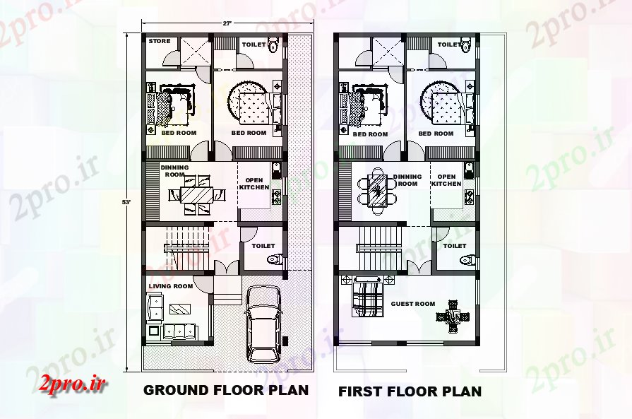دانلود نقشه مسکونی ، ویلایی ، آپارتمان طراحی داخلی مواجه طرحی خانه شرق 27'x53، به عنوان در هر Vastu Shastra هستند 8 در 16 متر (کد165761)