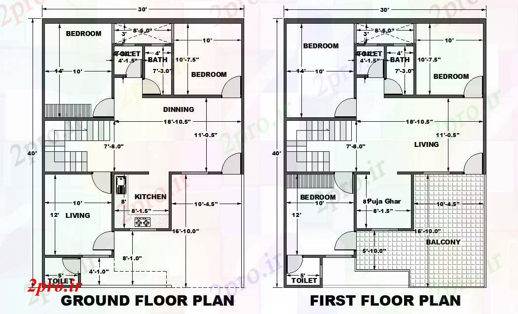 دانلود نقشه مسکونی ، ویلایی ، آپارتمان جزئیات ابعاد طرحی مواجه خانه شرق 30'x40، به عنوان در هر Vastu Shastra هستند در حال حاضر 9 در 12 متر (کد165771)
