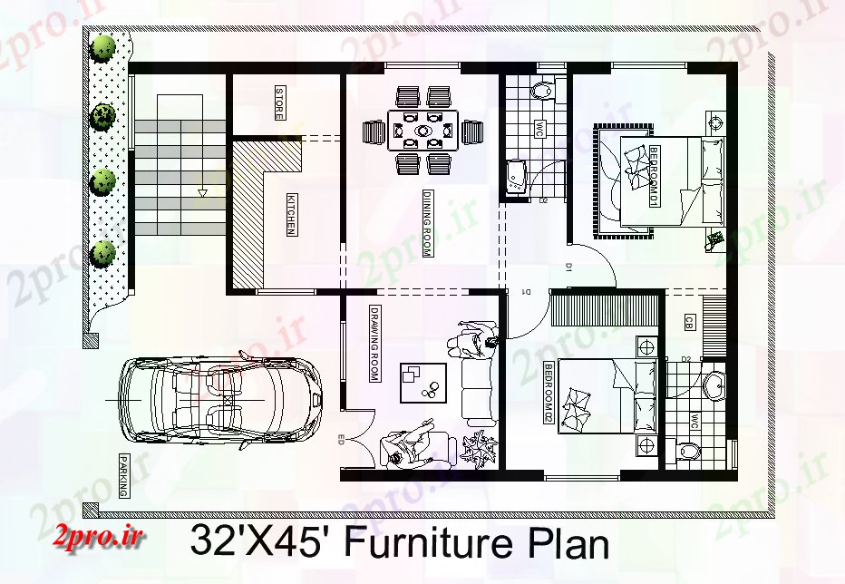 دانلود نقشه مسکونی ، ویلایی ، آپارتمان طرحی مبلمان از طرحی مواجه خانه شرق 32'x45، به عنوان در هر Vastu Shastra هستند 8 در 12 متر (کد165797)