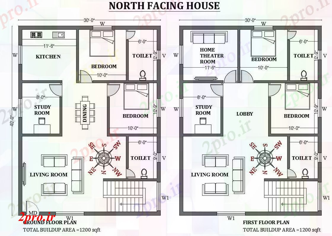 دانلود نقشه مسکونی ، ویلایی ، آپارتمان مواجه طرحی خانه شمالی 30'X40، به عنوان در هر Vastu Shastra هستند در دو بعدی 9 در 12 متر (کد165826)