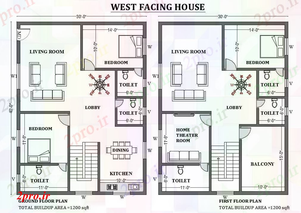 دانلود نقشه مسکونی ، ویلایی ، آپارتمان غرب در مواجهه با خانه طراحی 30'X40، به عنوان در هر شرا Vastu را 9 در 12 متر (کد165843)