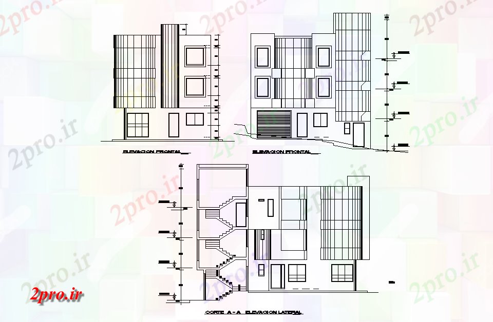 دانلود نقشه مسکونی  ، ویلایی ، آپارتمان  بخش و نما 11x12m ساختمان آپارتمان   چند  دو بعدی  اتوکد   رسم    (کد165890)
