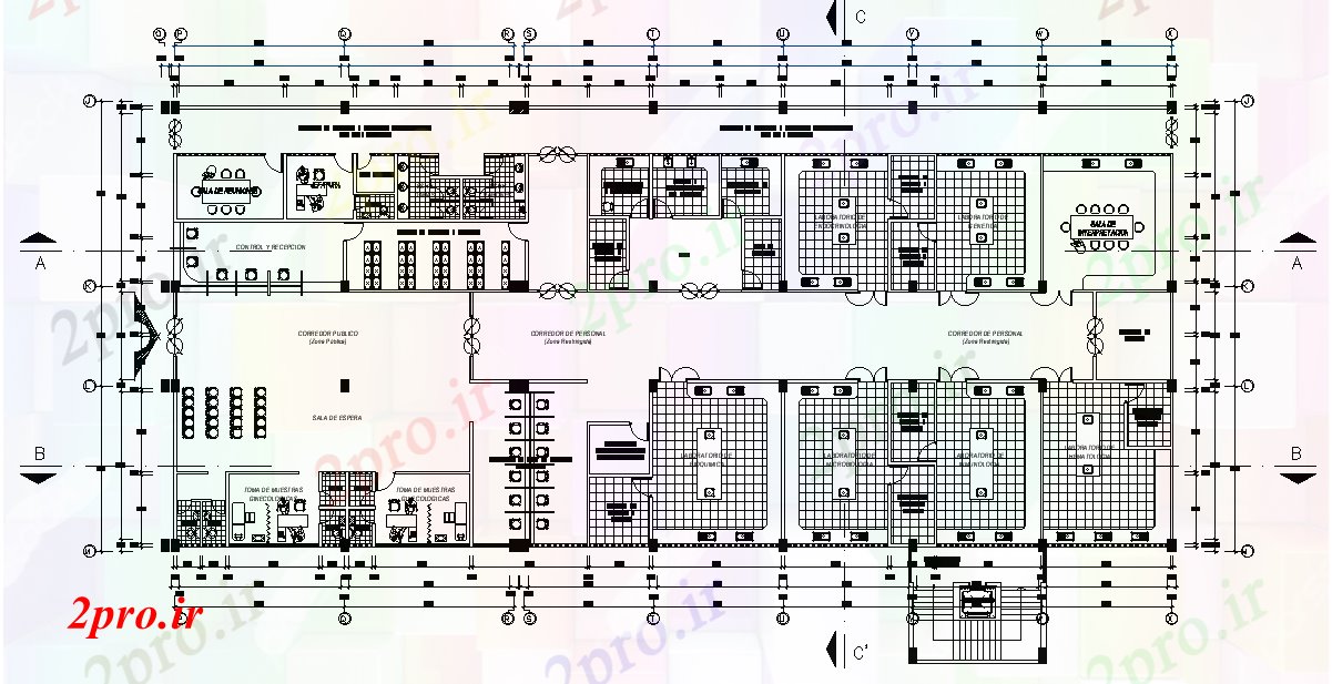 دانلود نقشه بیمارستان - درمانگاه - کلینیک x23m طرحی معماری آزمایشگاه اتوکد 20 در 53 متر (کد165891)
