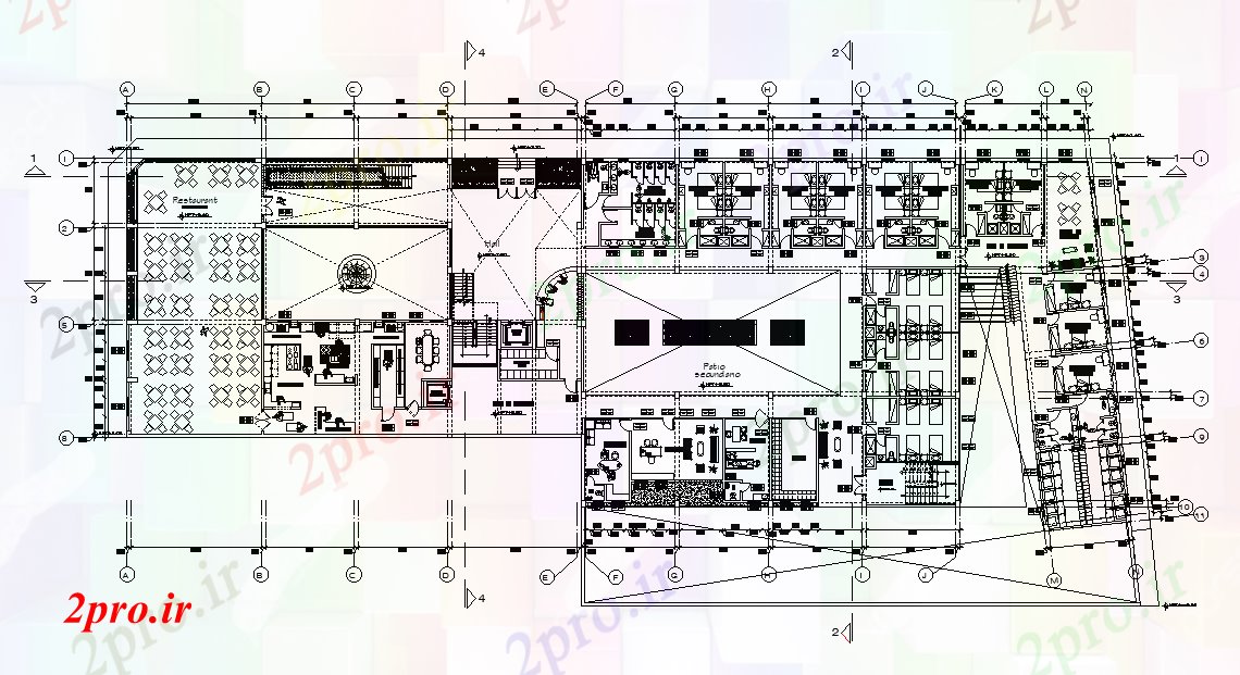 دانلود نقشه هتل - رستوران - اقامتگاه طرحی هتل تقدیر رستوران 75x22m اتوکد 28 در 74 متر (کد165897)