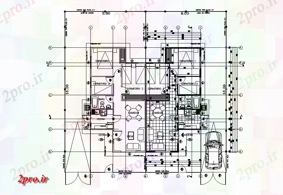 دانلود نقشه مسکونی ، ویلایی ، آپارتمان طرحی خانه های دوقلو دو بعدی اتوکد رسم 11 در 11 متر (کد165905)